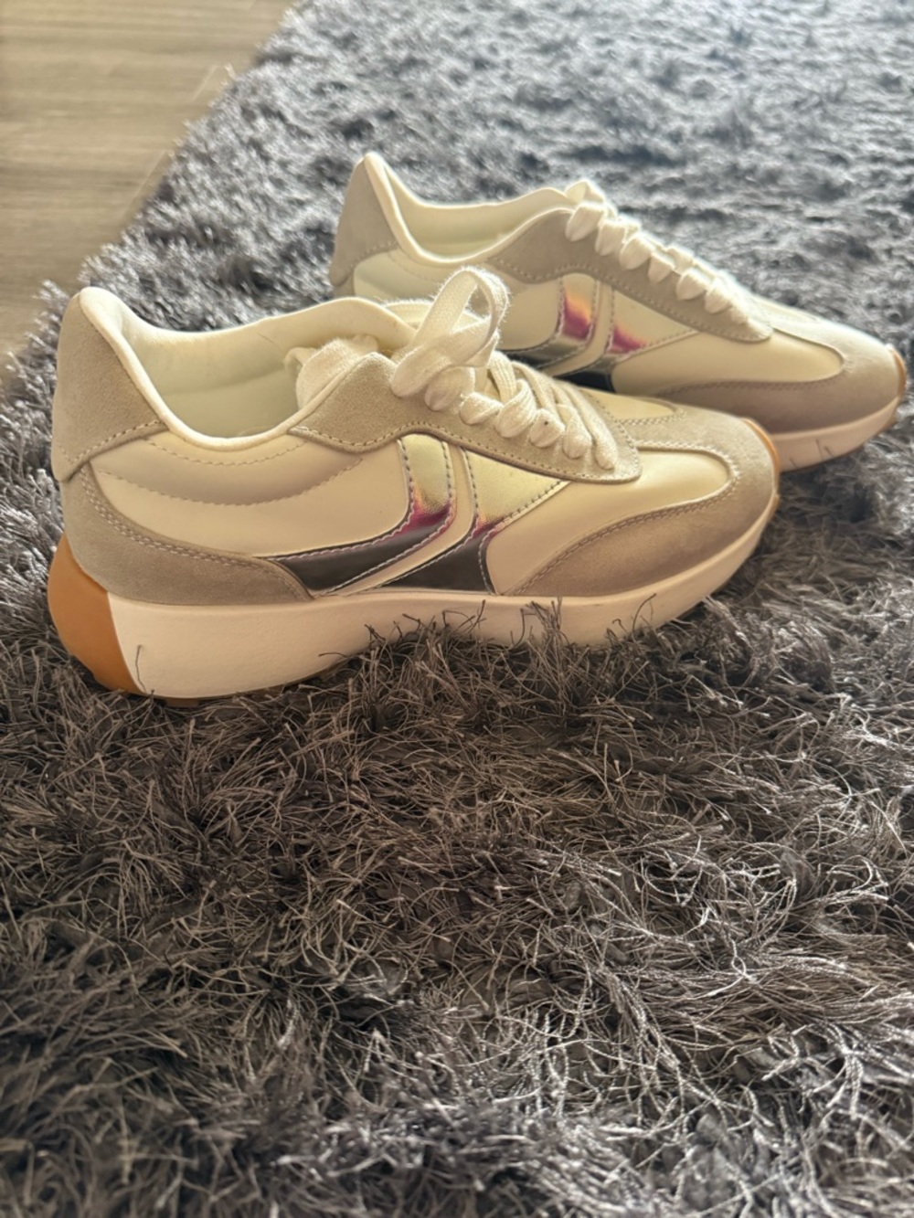 Steve Madden Cream Sneakers with Iridescent Silver Accents